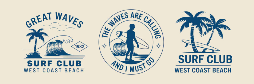 Retro Surf Club Vector Badge Set with Ocean Waves, Palm Trees, and Sunset Elements, Vintage Coastal Emblems for T-Shirt Designs, Beach Branding, Surf Logos, and Summer Lifestyle Graphics