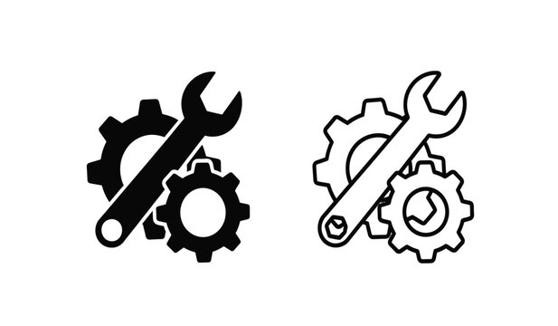 Black and white line icons of wrenches and gears for repair and mechanics