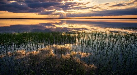 Obraz premium Serene Sunset Over Calm Lake with Reflection and Green Reeds in Tranquil Nature Scene
