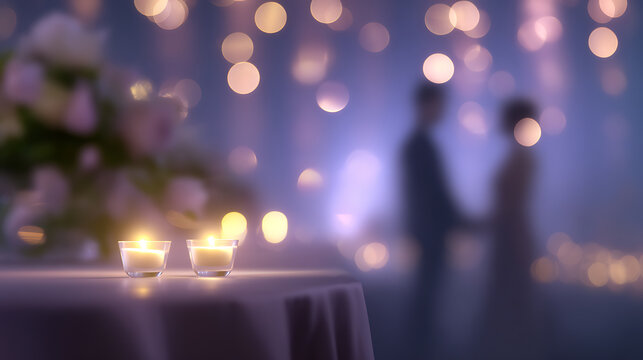Candlelight romance and wedding scene with couple and flower decoration
