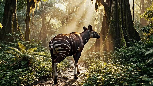 Okapi walking on forest path in tropical jungle with sunbeams