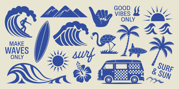 Tropical Beach and Surf Vector Set with Palm Trees, Waves, Surfboards, Van, Flamingos, and Ocean Quotes, Bold Graphic Style Illustration for T-Shirt Prints, Posters, Stickers, and Coastal Designs