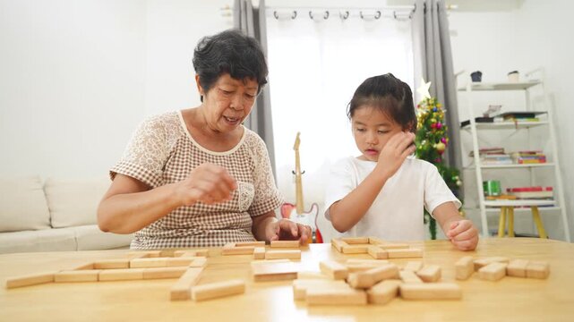 Grandmother and granddaughter play together with wooden blocks at home, fostering creativity and bonding through interactive learning activities