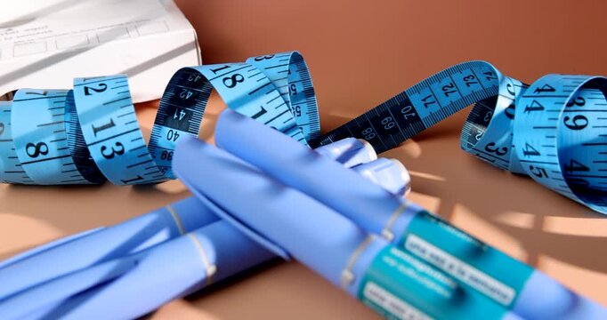 Reflective panning view of semaglutide pens and measuring tape for professional weight loss treatment and diabetes control visuals.