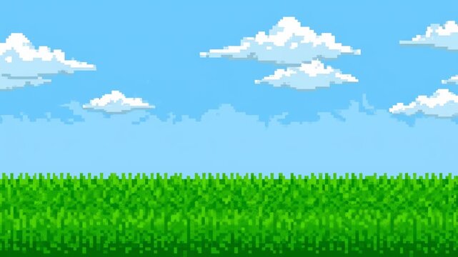 Vibrant 8 bit pixel art landscape featuring a bright blue sky with fluffy white clouds above a lush green grassy field.