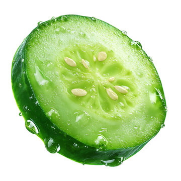 Freshly sliced green cucumber with glistening water droplets, showcasing its healthy texture
