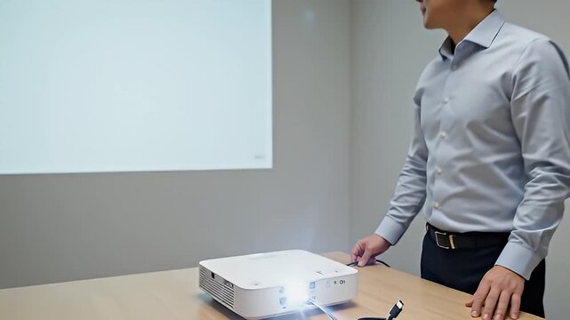 Presenter demonstrates projector setup during office presentation.