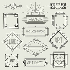 Art Deco Line and Geometric Vector Labels and Badges in Monochrome Style, Vintage Linear Frames and Emblems for Branding, Logos, Packaging Design, Posters, and Editorial Graphics