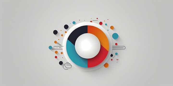 Modern graphic illustration of a circular chart with colorful segments and scattered shapes around a central white sphere