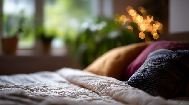 A cozy bed with colorful pillows and a blurred background