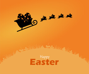 Easter Bunny Sleigh Ride with Eggs on Orange Background