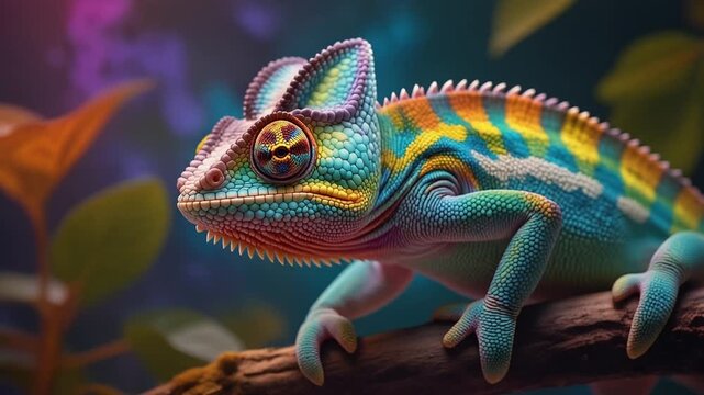 Chameleon in a Colorful World: A close-up view of a vibrant chameleon perched on a branch, showcasing its intricate patterns and colors against a soft, blurred background of leaves and light.