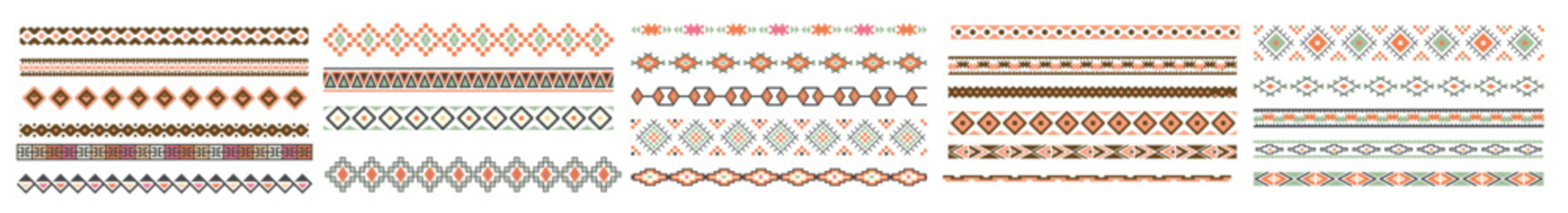 Border decoration elements with colorful patterns. Ethnic style collections. Vector illustrations.