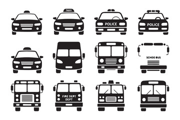 Emergency and public vehicle front view icons including fire department truck police car and school bus art © Mojnur