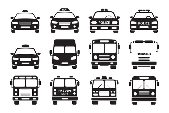 Emergency and public vehicle front view icons including fire department truck police car and school bus art