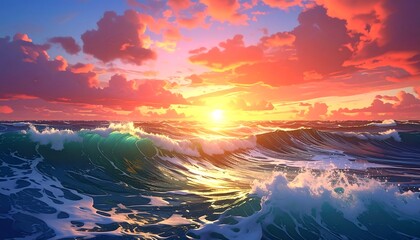 Obraz premium Vibrant ocean waves at sunset with colorful sky and setting sun
