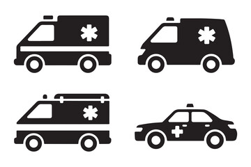 Set of ambulance and police car icons with cross and star symbols isolated on white background for emergencies © Mojnur