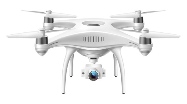 Professional white quadcopter drone hovering with camera for aerial photography, modern futuristic technology style isolated on transparent background, png