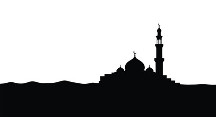 Mosque Silhouette with Minaret and Dome against Desert Landscape © MST