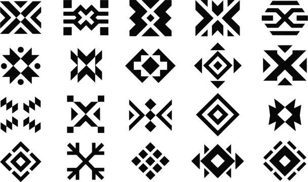 Aztec Navajo Geometric Shapes Vector Set with Tribal Southwestern Art Symbols, Abstract Ethnic Elements in Monochrome Style for Patterns, Branding, Posters, Packaging, and Textile Design
