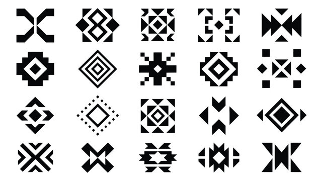 Aztec Navajo Geometric Shapes Vector Set with Tribal Southwestern Art Symbols, Abstract Ethnic Elements in Monochrome Style for Patterns, Branding, Posters, Packaging, and Textile Design