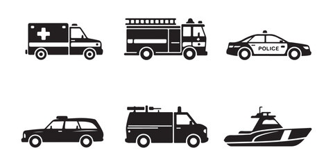 Bold emergency vehicle illustrations including ambulance ladder fire truck police car and maritime patrol boat © Mojnur