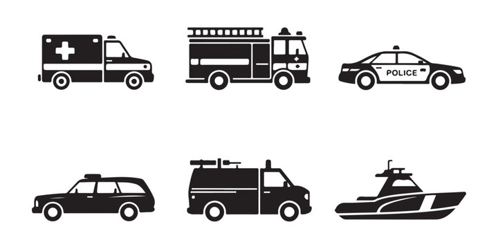 Bold emergency vehicle illustrations including ambulance ladder fire truck police car and maritime patrol boat