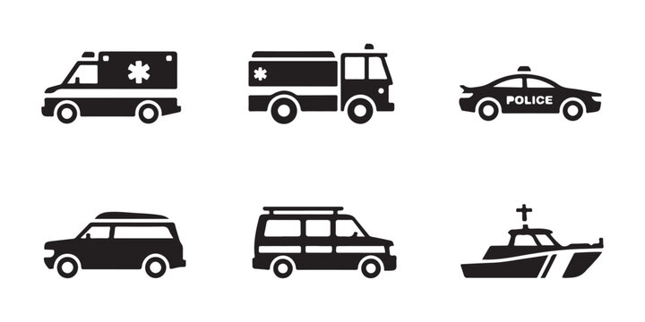 Set of minimalist responder vehicle icons featuring medical van fire truck police cruiser and rescue ship boat