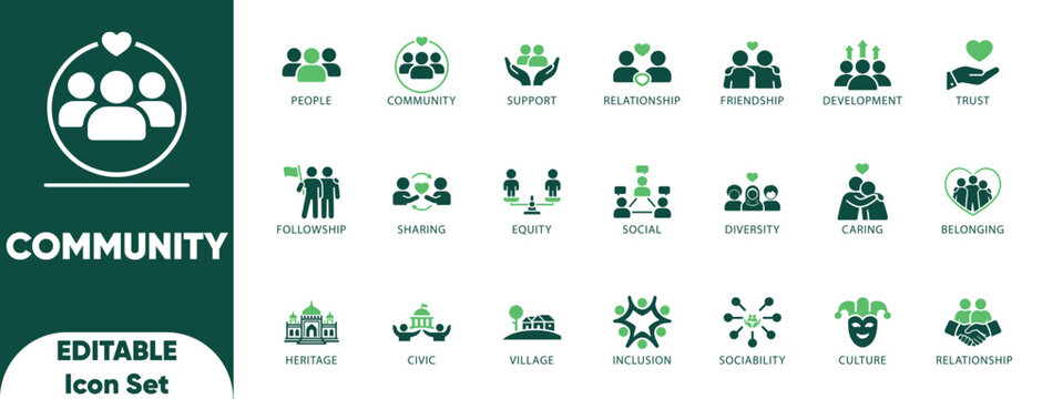 Community editable solid icon set.Equity,Social Inclusion,sharing, and vector.