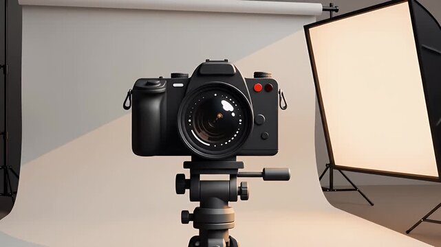 Professional camera on tripod in a photography studio setup