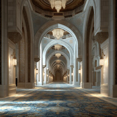 Obraz premium A stunning interior view of a grand masjid with intricate arches and ornate chandeliers