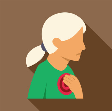 Elderly woman clutching her chest, experiencing heart attack or angina pain