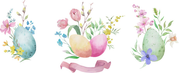 Watercolor Easter Clipart Set with Eggs, Bunny, Chick, Flowers and Bow. Hand painted illustration.  © Alla