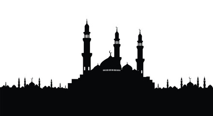 Mosque Silhouette with Minarets and Domes against White Background © MST