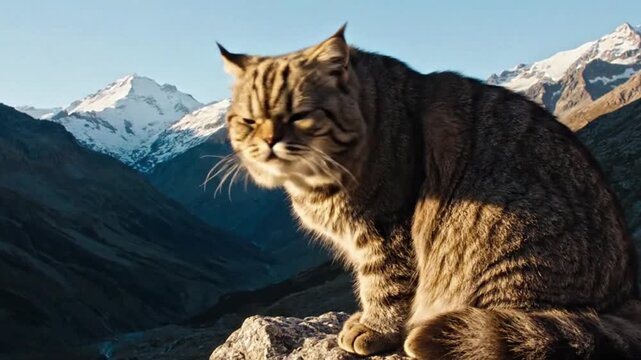 A majestic Pallas cat sits atop a rocky outcropping, overlooking a breathtaking mountainous landscape with snow-capped peaks under a clear sky
