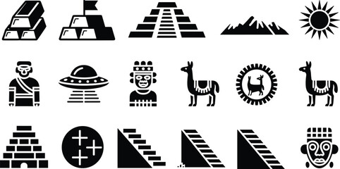 Ancient civilization icons set, pyramid sun llama mask symbols inspired by pre columbian aztec inca culture isolated on white © Sabbir's World