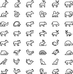 Obraz premium Animal outline icon set with mammals birds and wildlife figures, cute minimal farm forest zoo vector illustration collection