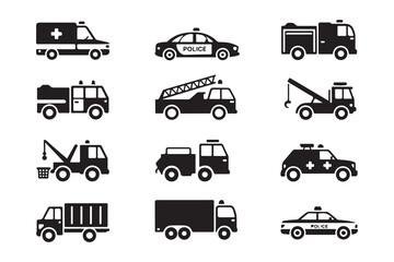 City public service vehicle silhouettes with police cars fire trucks and tow trucks for emergency management © Mojnur