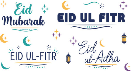 Eid Mubarak and Eid ul Fitr Typography Set, English Calligraphy with Lanterns and Crescent Moon for Islamic Holiday Greetings