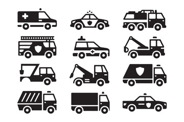 Municipal emergency and utility vehicle icons featuring security police cars and specialized fire rescue units © Mojnur