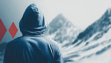 Man in hoodie contemplating majestic snowy mountain landscape