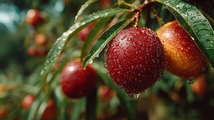 Obraz premium Close-up of ripe red and yellow peaches hanging on a tree with water droplets on the skin and green leaves in a natural orchard