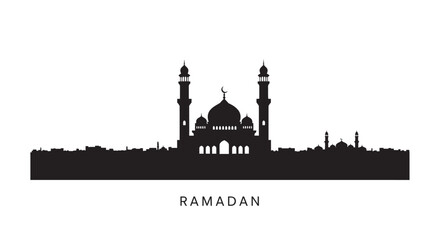 Ramadan mosque silhouette with minarets and dome on white background © BASHIRHSAN