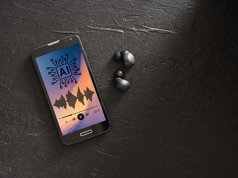 Ai generated music concept. Smartphone with AI music player and wireless earbuds