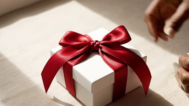 Adult hands carefully adjust a satin bow on a small white gift box and place a blank gift tag beside it in soft daylight with clean copy space.