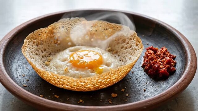 A freshly cooked Sri Lankan egg hopper steams on a plate beside spicy lunu miris chili paste as the camera slowly zooms out for a warm food mood.