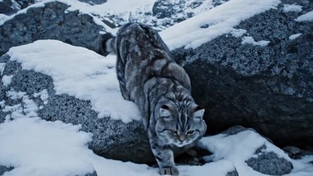 Pallas cat navigating through snowy rocky terrain with stealthy precision and feline agility in a cold climate