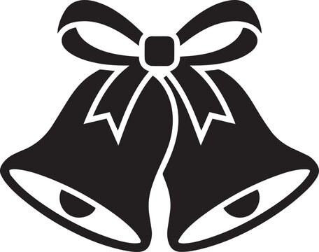 Simple black silhouette icon of two Christmas jingle bells tied with a ribbon bow, symbolizing winter holiday decorations, wedding events, and festive Xmas celebrations.