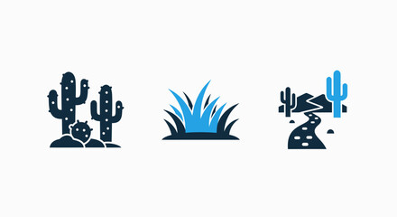 Fototapeta premium Desert flora and landscape icons: saguaro cactus cluster, vibrant green grass, and a rocky mountain path, depicting arid and oasis environments. Vector art.
