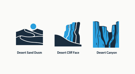 Desert geological formations icons: sand dunes, cliff face, and canyon walls, showcasing dramatic arid landscapes and natural erosion. Stylized vector art.